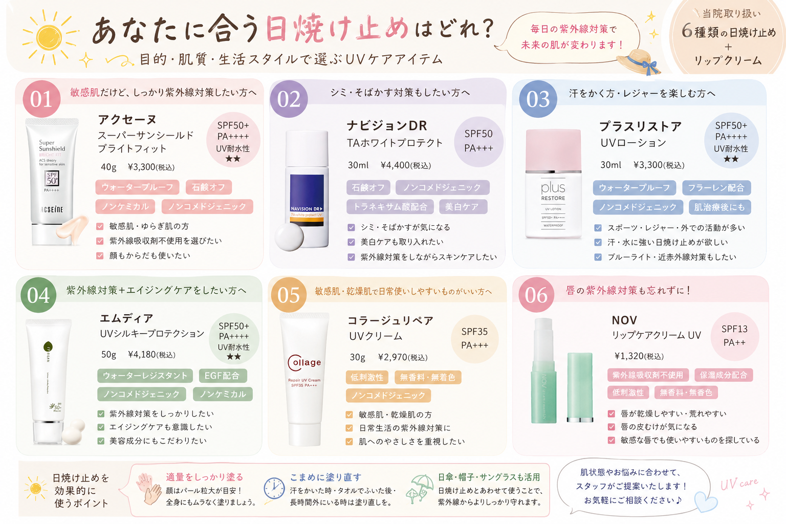 ☀️あなたに合う日焼け止めはどれ？当院おすすめUVケアをご紹介✨